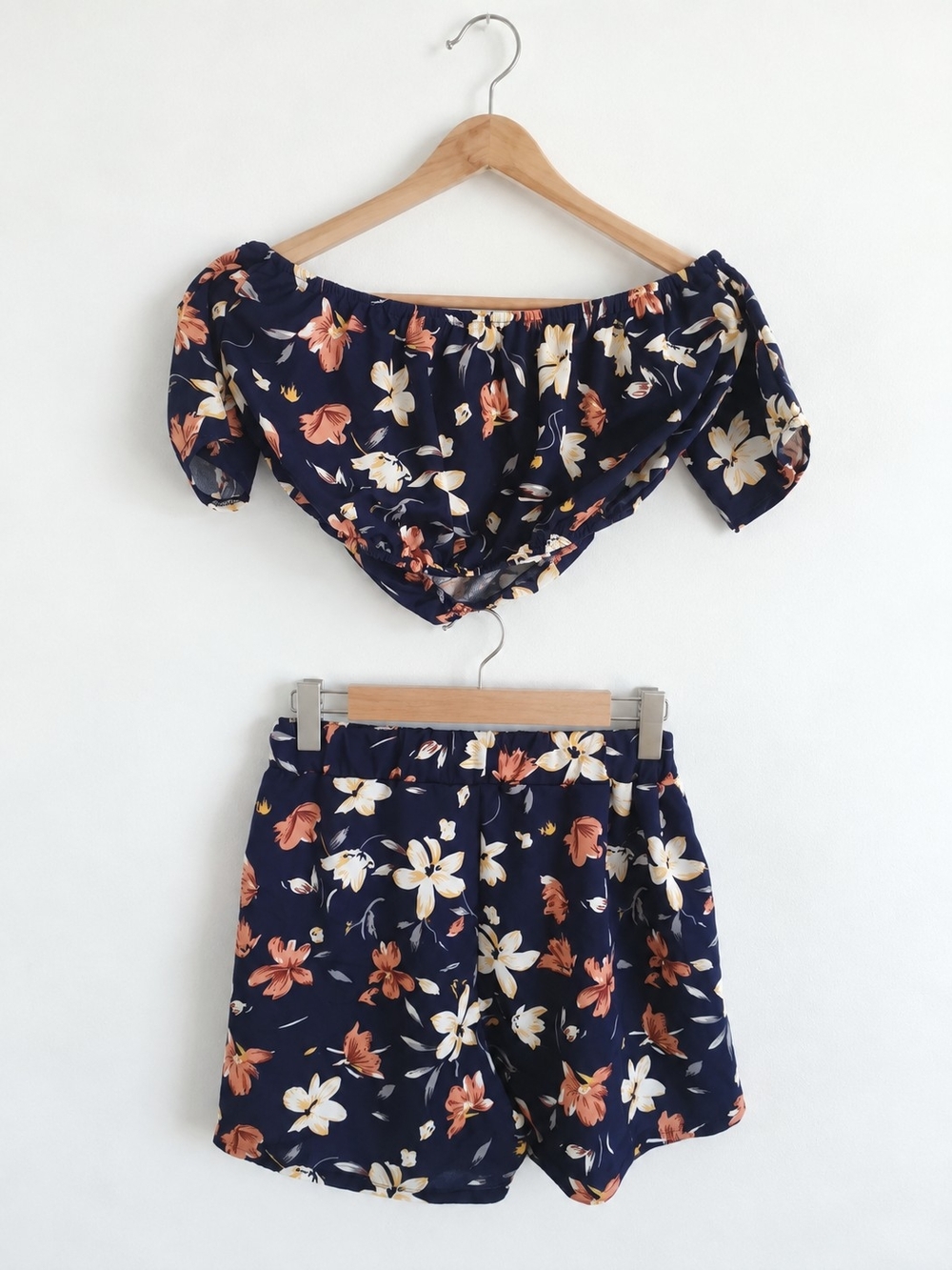Shein Navy Floral Off-Shoulder Crop Top & Shorts Set